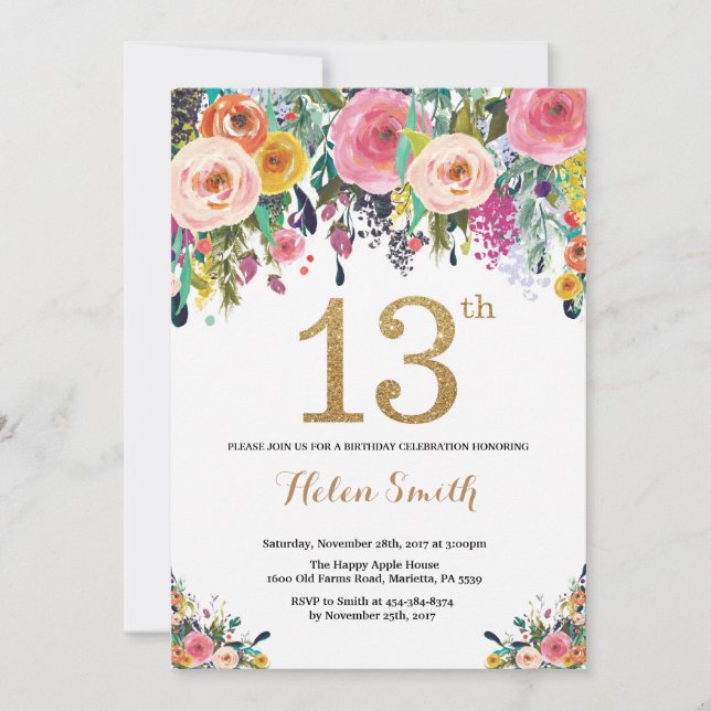Floral 13e anniversaire Invitation Parties scintil (Devant)