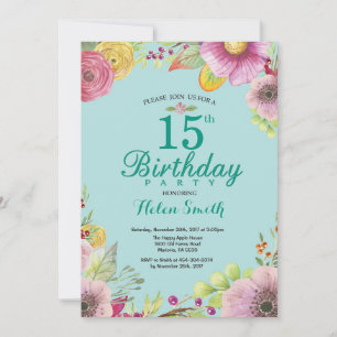 Floral 15. Geburtstag Einladung für Frauen Aquamar
