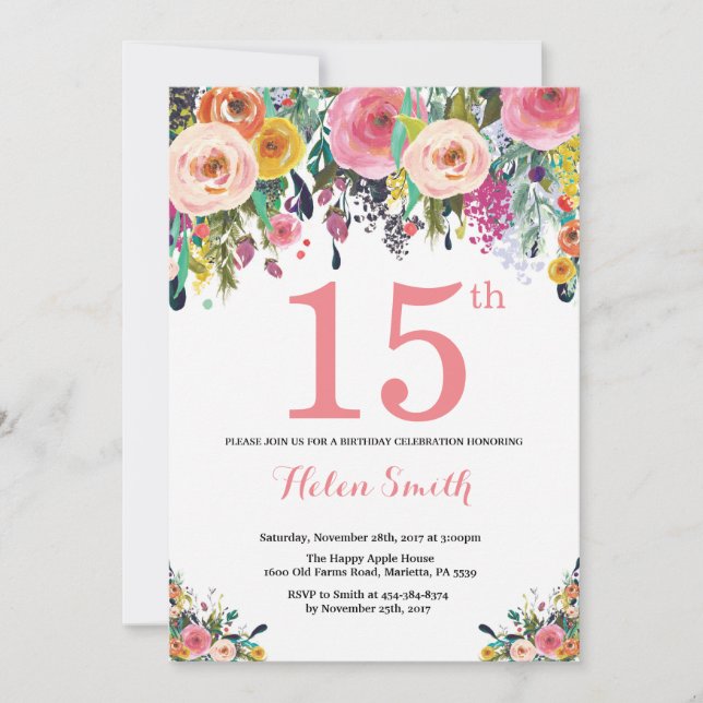 Floral 15e anniversaire Invitation rose (Devant)