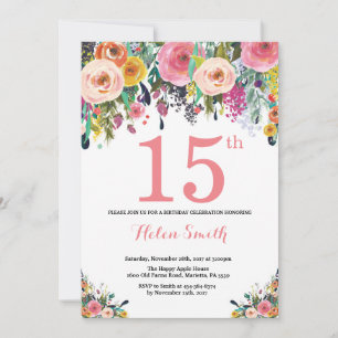 Floral 15e anniversaire Invitation rose