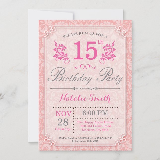 Floral 15e anniversaire Invitation rose pour les f (Devant)
