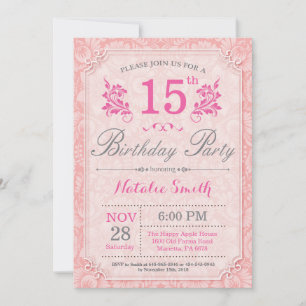 Floral 15e anniversaire Invitation rose pour les f