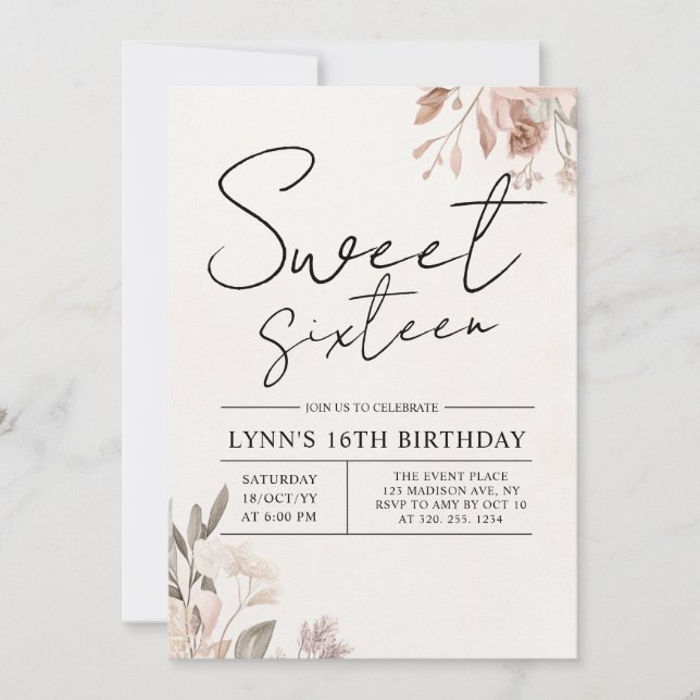 Floral 16. Geburtstagsparty Einladung (Vorderseite)