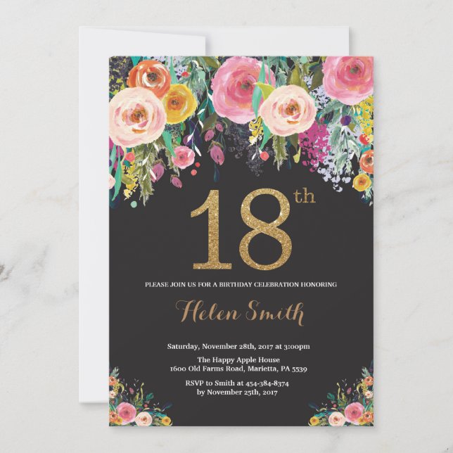 Floral 18. Geburtstag Einladung Gold Glitzer (Vorderseite)