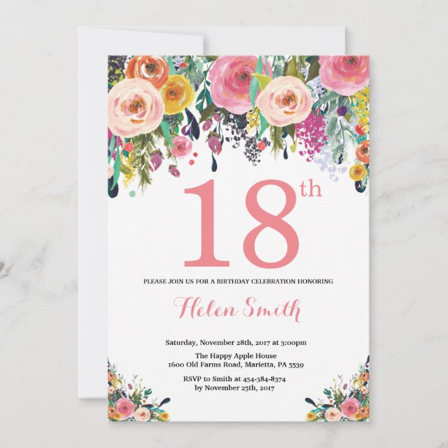 Floral 18e anniversaire Invitation rose (Devant)