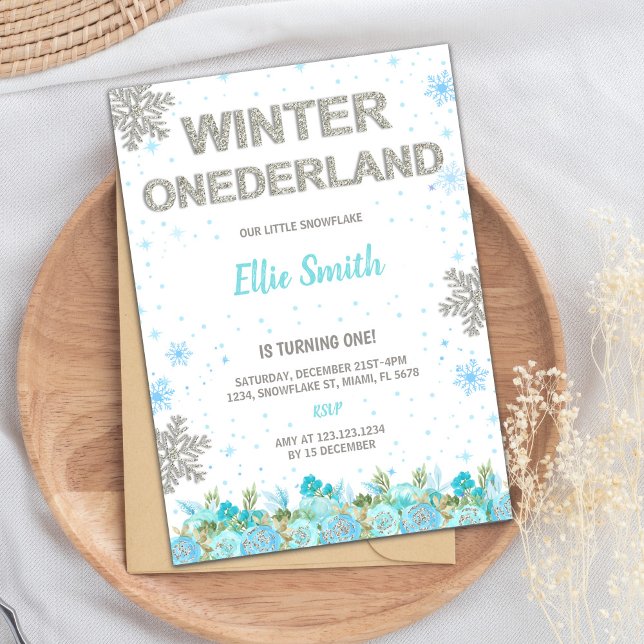 Floral 1. Geburtstag für Mädchen Einladung (Green Floral Winter ONEderland Invitations)