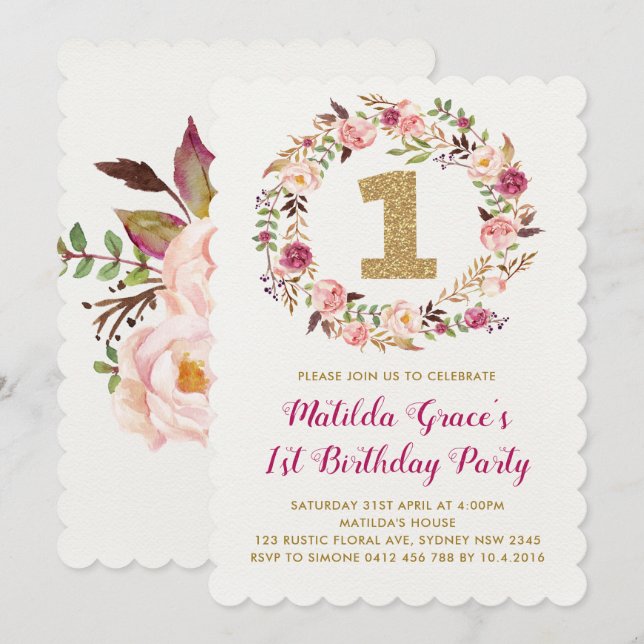 Floral 1er Anniversaire Fille Fête Invitation (Devant / Derrière)