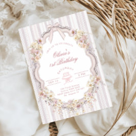 Floral 1st Birthday Bow Photo Invitation Einladung