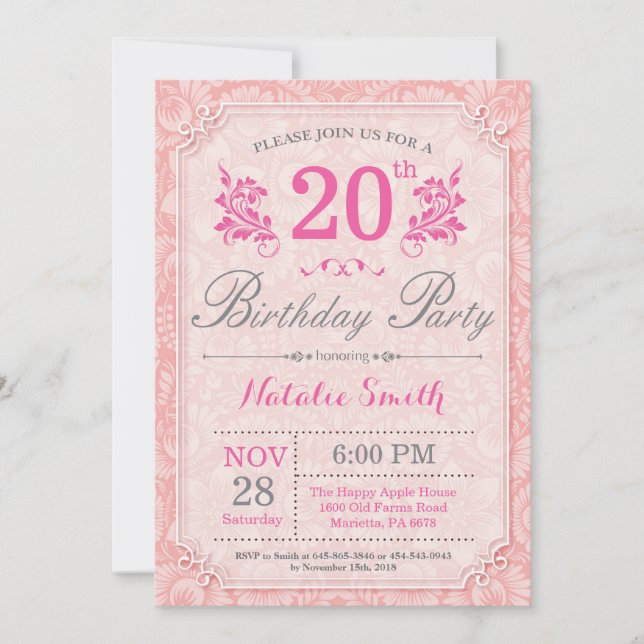 Floral 20e anniversaire Invitation rose pour les f (Devant)