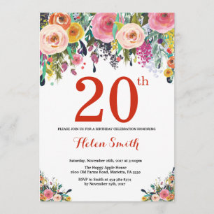 Floral 20e anniversaire Invitation rouge