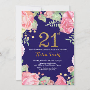 Floral 21. Geburtstag Gold Glitzer Navy Blue Einladung