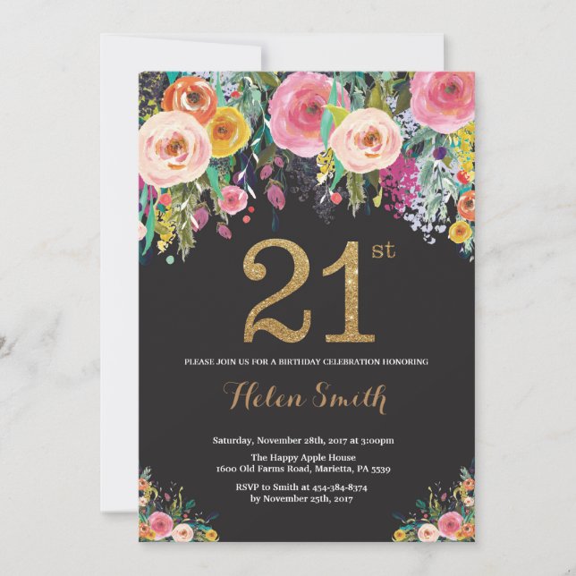 Floral 21e anniversaire Invitation Parties scintil (Devant)