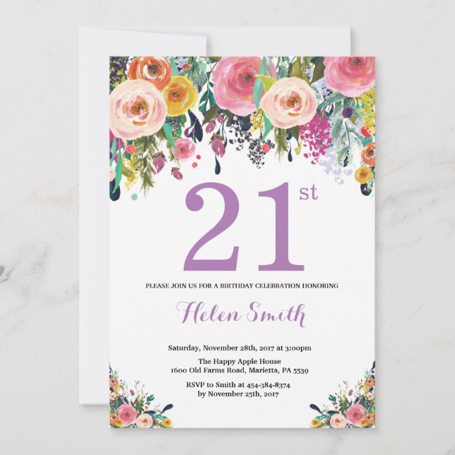 Floral 21e anniversaire Invitation violet (Devant)