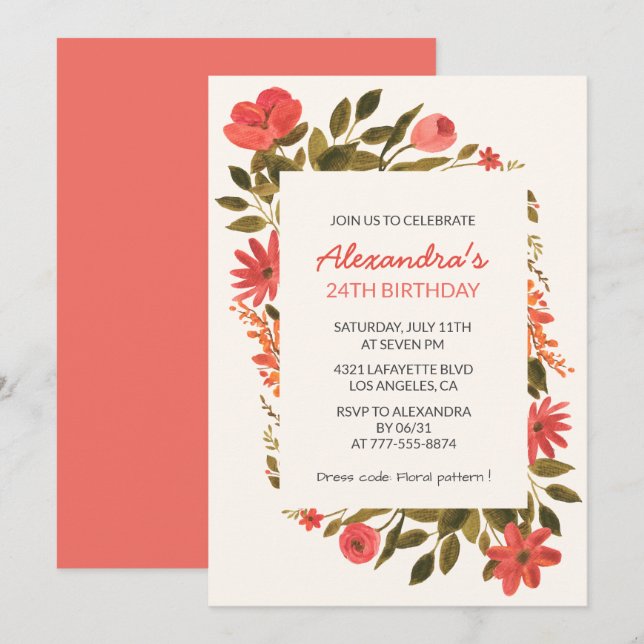 Floral 24. Geburtstag Einladungen Boho Elegant (Vorne/Hinten)