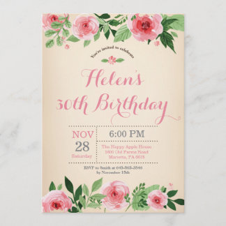 Floral 30. Geburtstag Einladung Pink Wasserfarbe