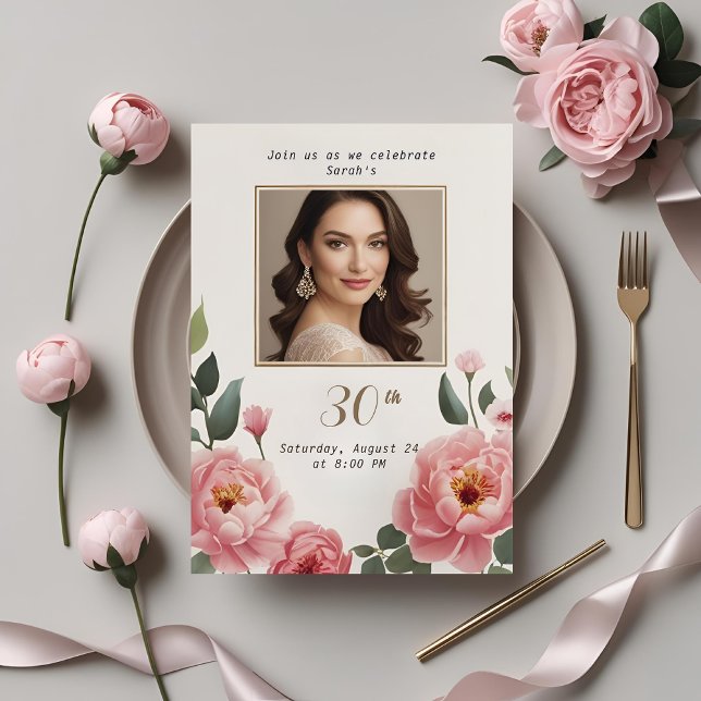 Floral 30e anniversaire Invitation avec photo (Créateur téléchargé)
