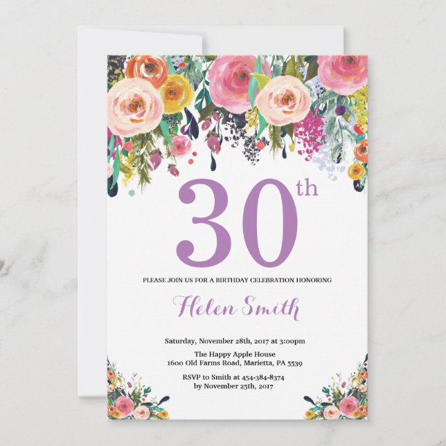 Floral 30e anniversaire Invitation violet (Devant)
