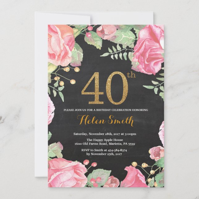 Floral 40e anniversaire Invitation Parties scintil (Devant)