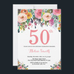 Floral 50. Geburtstag Einladung Pink<br><div class="desc">Blumenladen zum 50. Geburtstag. Aquarellfarbene Blume Rosa,  Gelb,  orange,  Lila Blume. Erwachsener zum Geburtstag. 30. 40. 50. 60. 70. 80. 90. 100. 13. 15. 16. 18. 20. Für weitere Anpassungen klicken Sie bitte auf die Schaltfläche "Anpassen" und verwenden Sie unser Designwerkzeug,  um diese Vorlage zu ändern.</div>