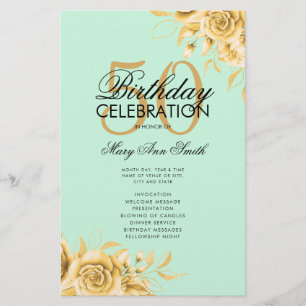 Floral 50. Geburtstag Programm Gold mit Menü Minze