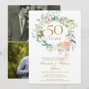 Floral 50. Golden Wedding Jubiläum 2 Foto Einladung