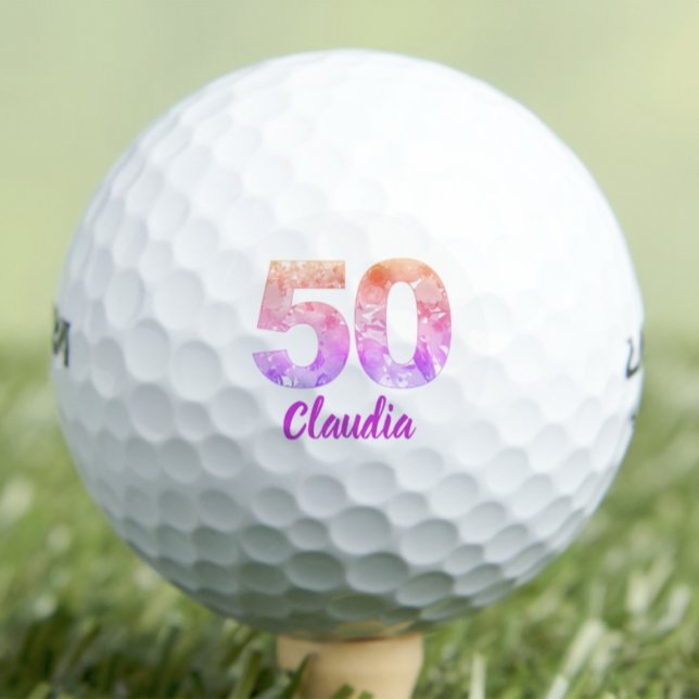Floral 50 Jahre rosa lila Regenbogen 50. Geburtsta Golfball (Von Creator hochgeladen)