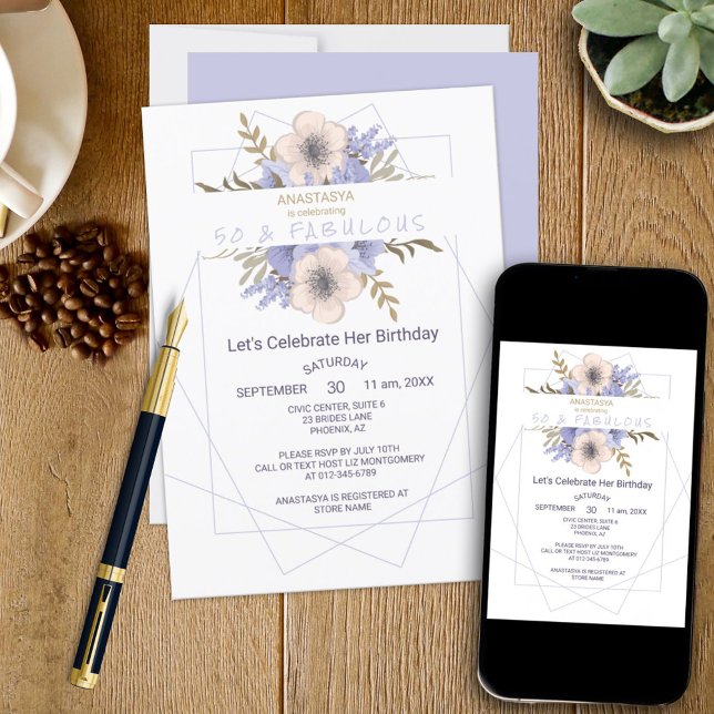 Floral 50 und Fantastische Violettpfirsichpfirsich Einladung (This template birthday invitation can be ordered as a printed product and / or downloadable.)