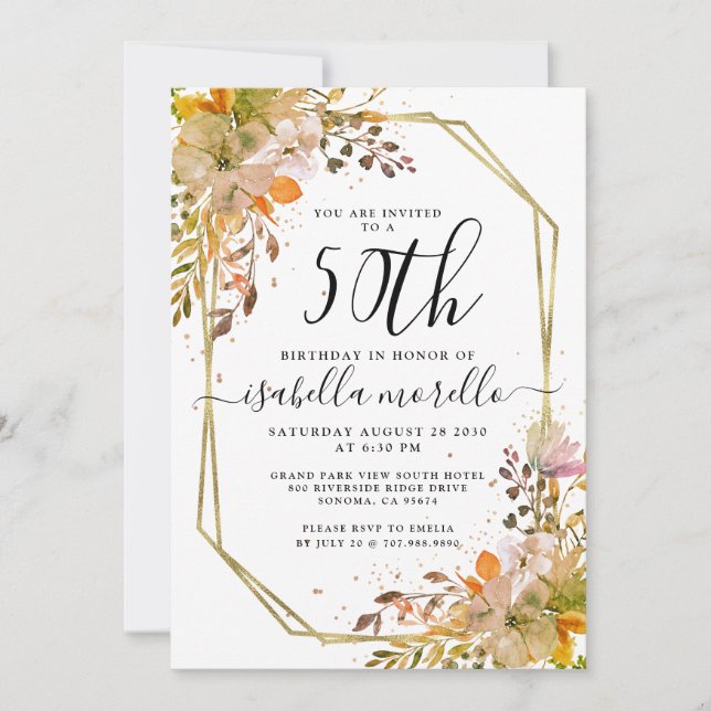 Floral 50e anniversaire Gold Invitation (Devant)