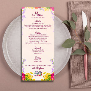 Floral 50th Birthday Menu Card élégant 50 ans
