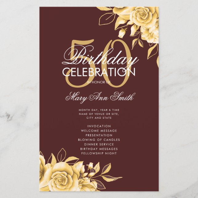 Floral 50th Birthday Program Gold & Burgundy Menu (Devant)