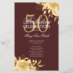 Floral 50th Birthday Program Gold & Burgundy Menu