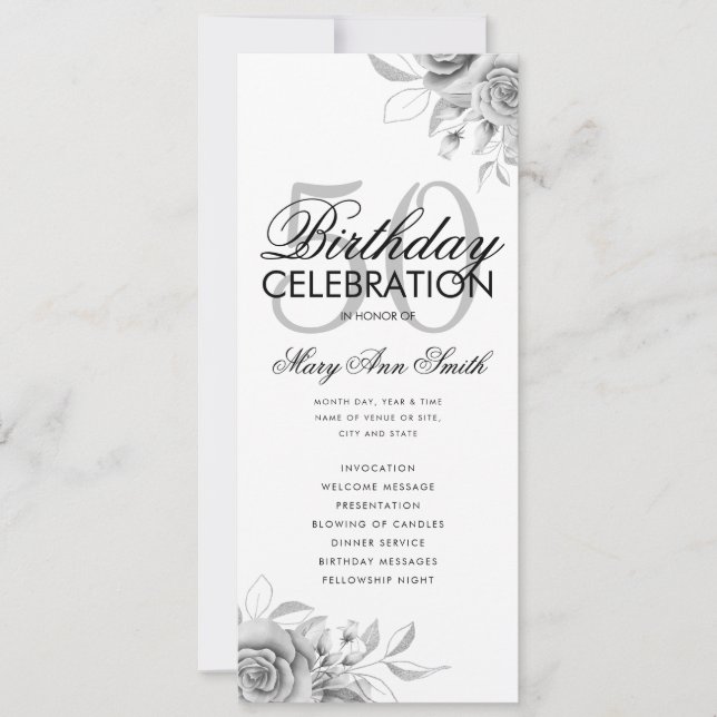 Floral 50th Birthday Programme Argent avec menu (Devant)