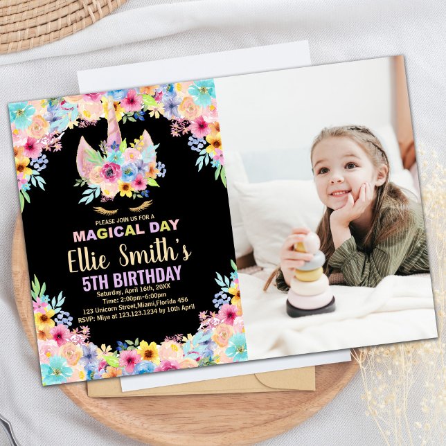 Floral 5e Photo Unicorn Invitations Anniversaire (Floral 5th Photo Unicorn Birthday Invitations)