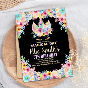 Floral 5e Unicorn Invitations d'anniversaire