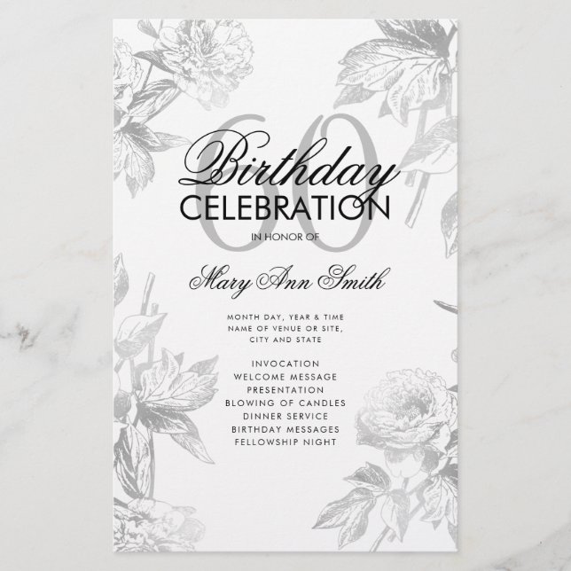 Floral 60. Geburtstag Programm Silver Menu Flyer (Vorne)