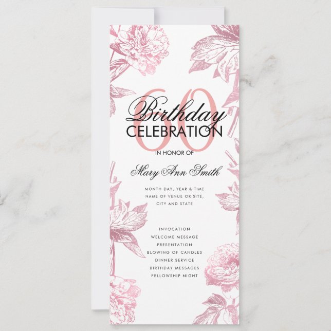 Floral 60. Geburtstag Rose Gold Menü Einladung (Vorderseite)