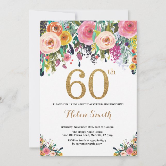 Floral 60e anniversaire Invitation Parties scintil (Devant)