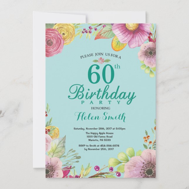 Floral 60e anniversaire Invitation pour les femmes (Devant)
