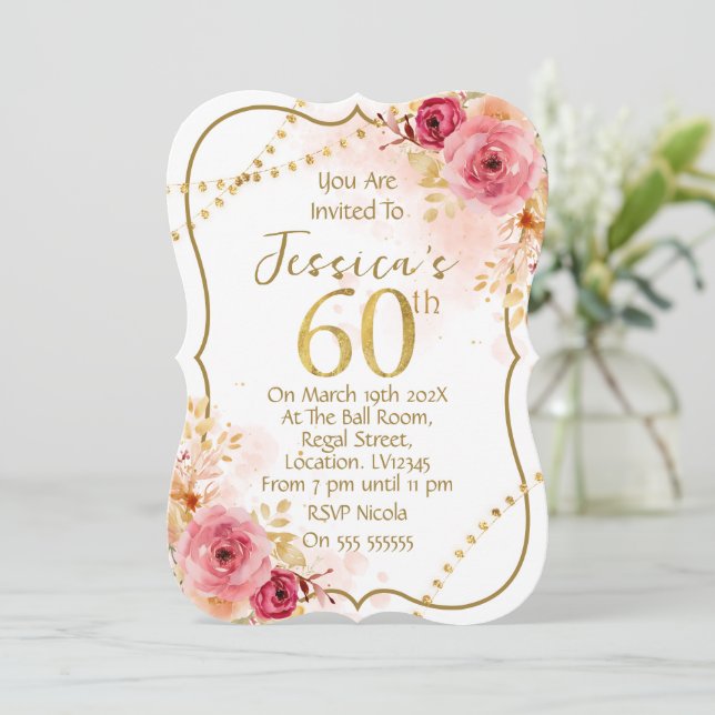 Floral 60th Birthday Invitation Einladung (Stehend Vorderseite)