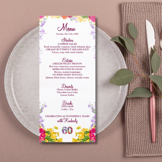 Floral 60th Birthday Menu Card élégant 60 ans (Créateur téléchargé)