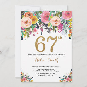 Floral 67. Geburtstag Einladung Gold Glitzer