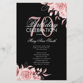 Floral 70. Geburtstag Rose Gold Black Menu Flyer