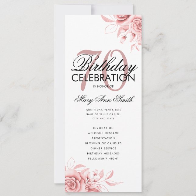Floral 70. Geburtstag Rose Gold Menü Einladung (Vorderseite)