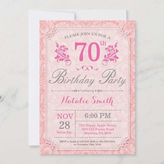 Floral 70e anniversaire Invitation rose pour les f (Devant)