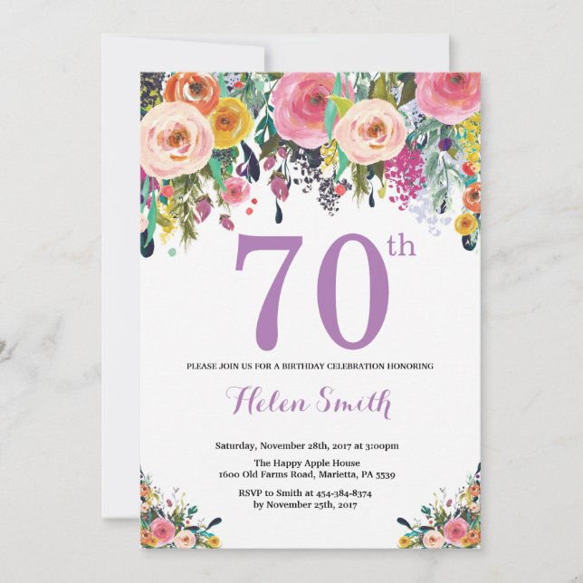 Floral 70e anniversaire Invitation violet (Devant)