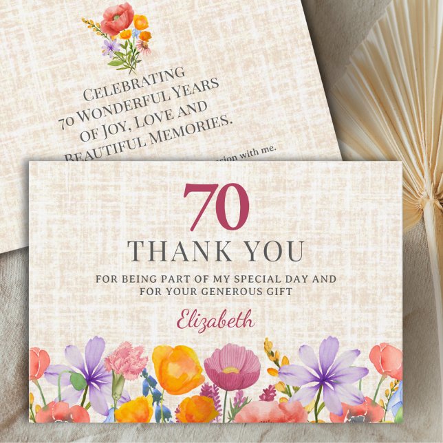Floral 70th Birthday - Elegant Garden Party Thanks Dankeskarte (Von Creator hochgeladen)