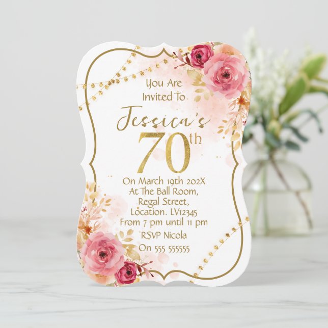 Floral 70th Birthday Invitation Einladung (Stehend Vorderseite)