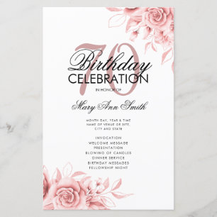 Floral 70th Birthday Programme Rose Gold Menu