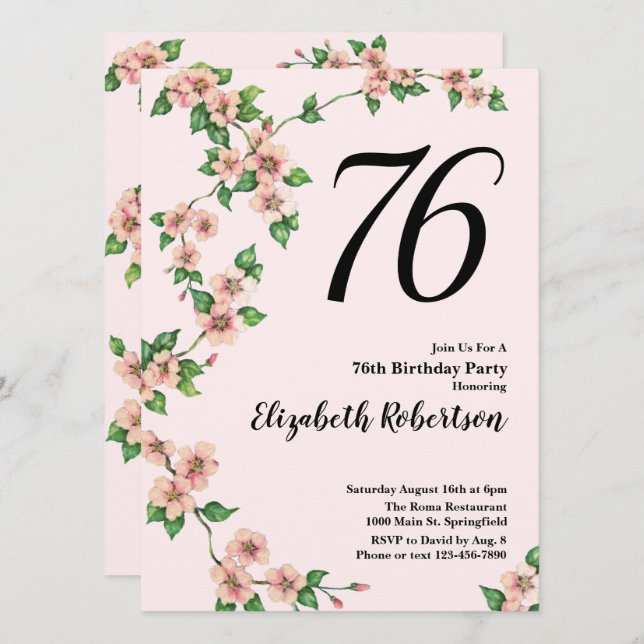 Floral 76ème anniversaire Invitation en rose (Devant / Derrière)