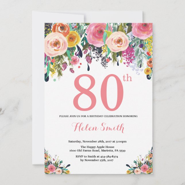 Floral 80. Geburtstag Einladung Pink (Vorderseite)